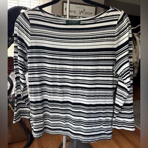 Ralph Lauren 100% Cotton Ribbed Texture Knit MP Black White Stripe Top Classic